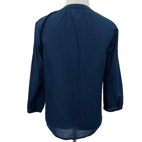 Pure Collection SZ Small Embroidered Top Cotton Solid Navy Blue Mandarin Collar - Picture 5 of 6